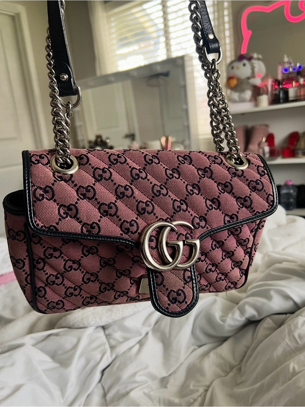 Gucci Pink GG Marmont Quilted Shoulder Bag with Chain Strap